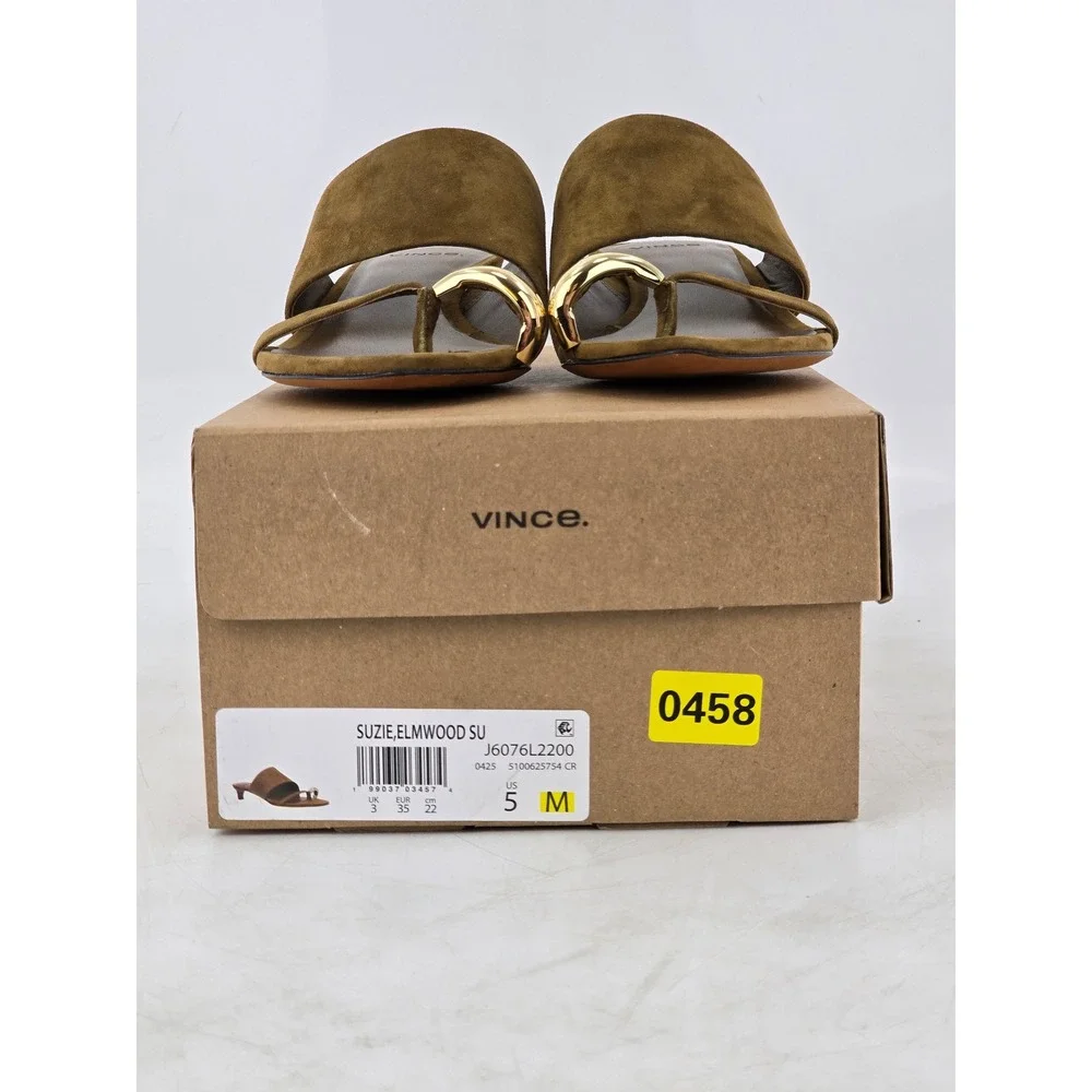 Vince Suzie Kitten Heel Sandals Womens 5 Olive Green Suede Toe Ring - NEW